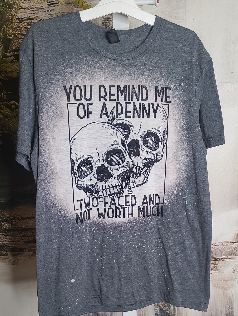 Womens Medium Short Sleeve Gray Bad Penny Skull Graphic Tee